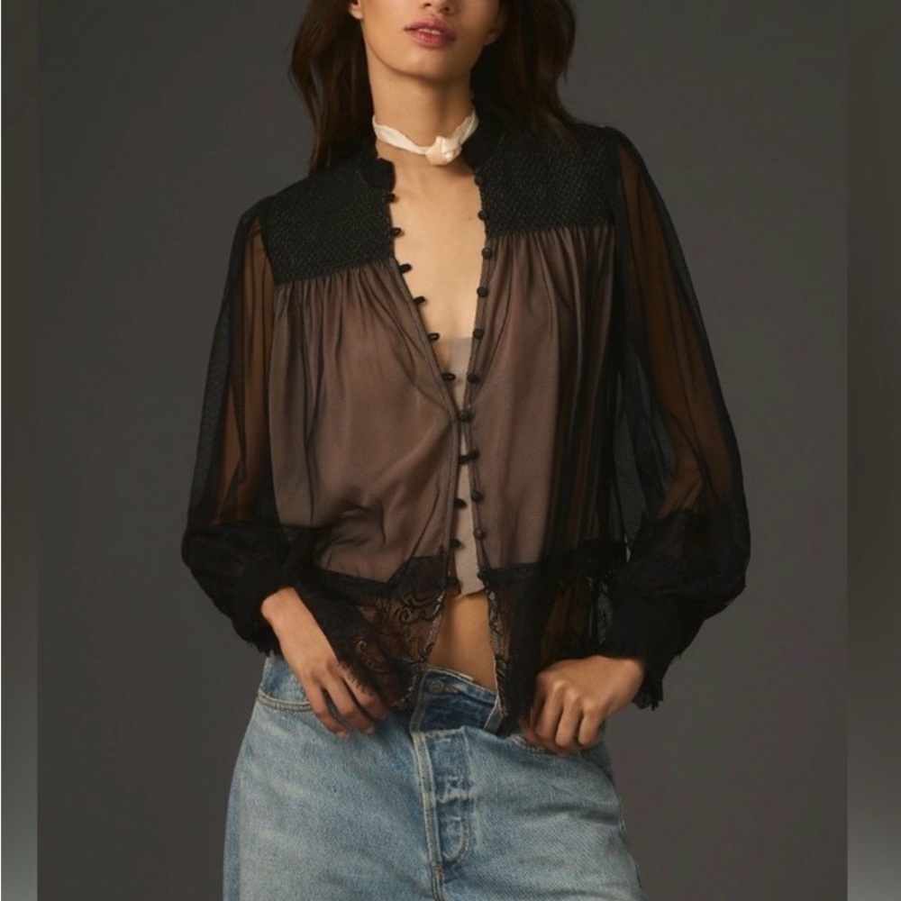 Anthropologie Layered Tulle Puff-Sleeve Lace Blouse